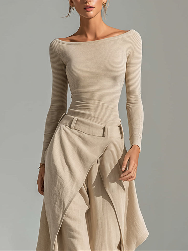 Giuliana | Ensemble de Haut Beige à Col Bateau et Pantalon à Jambe Large en Couches