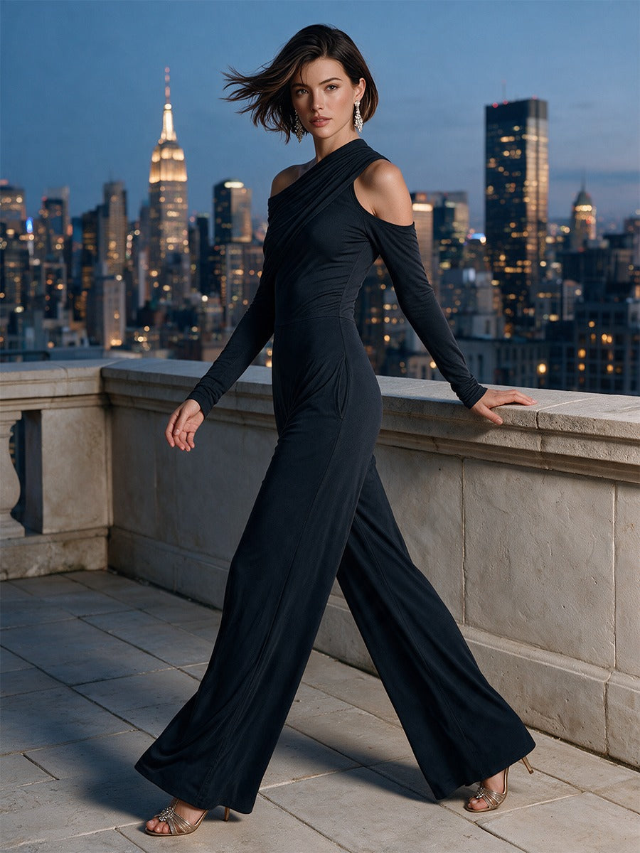 Raffaella | Mono de Fête Noir à Une Épaule avec Pantalon à Pattes Larges