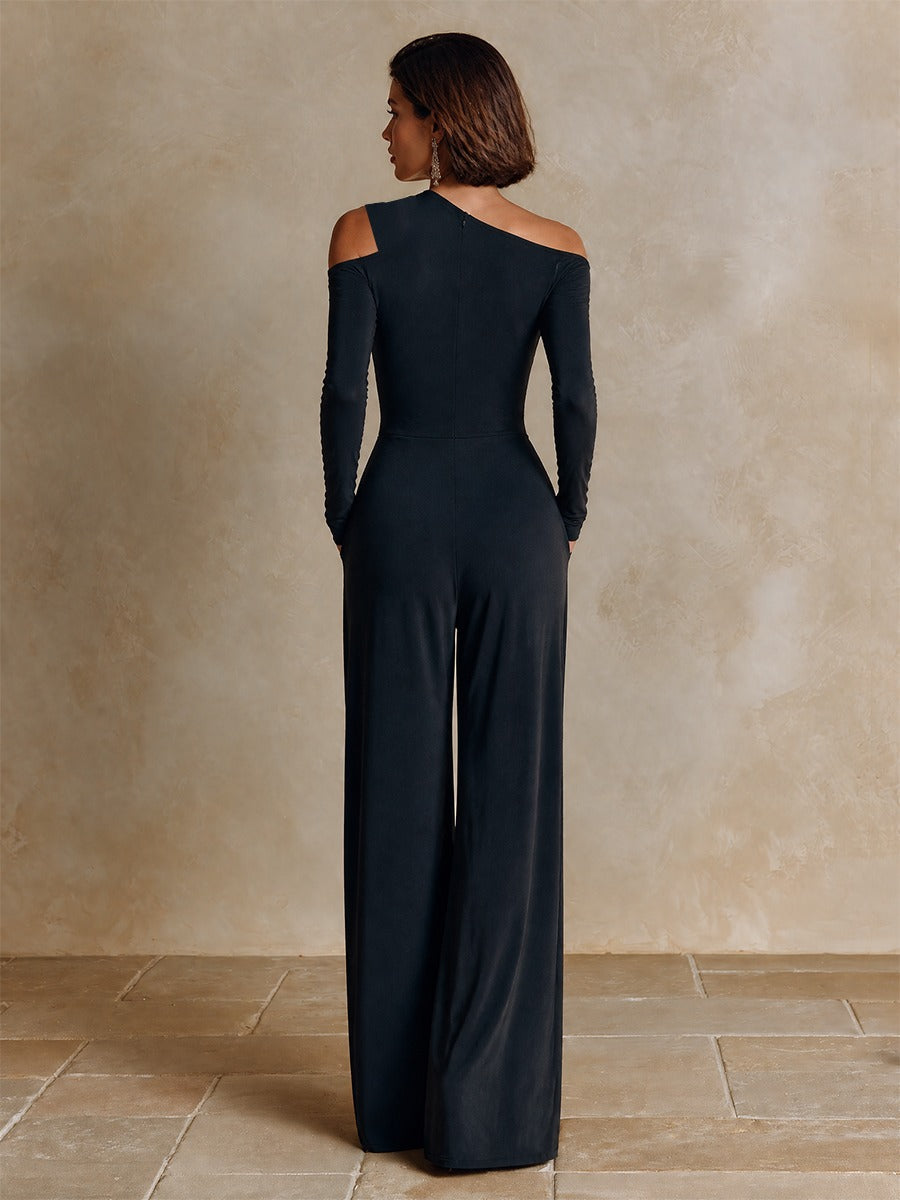 Raffaella | Mono de Fête Noir à Une Épaule avec Pantalon à Pattes Larges