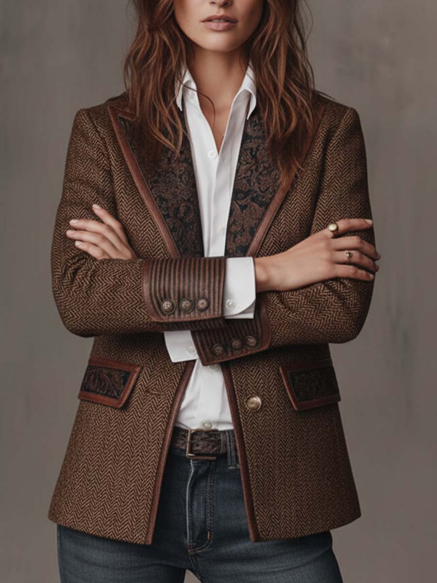 Blazer Femme en Houndstooth avec Panneaux Imprimés
