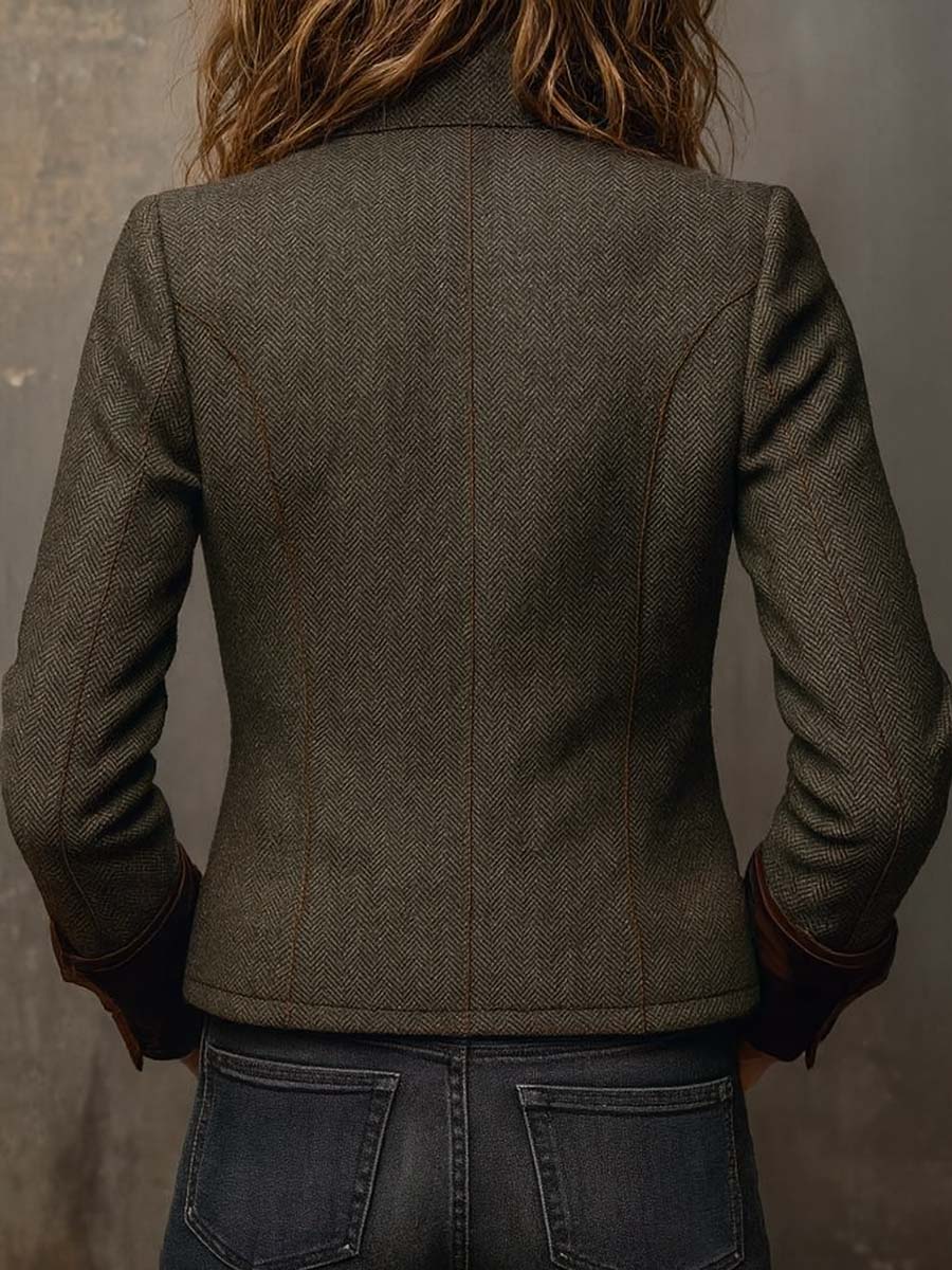 Blazer Vintage Femme en Herringbone avec Bords Contrastés