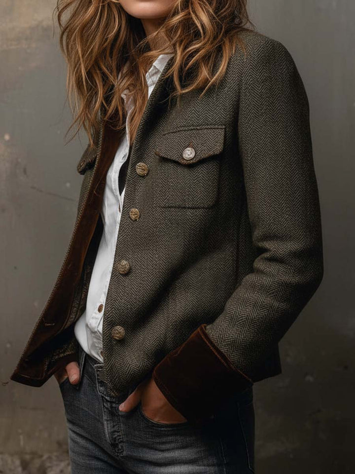Blazer Vintage Femme en Herringbone avec Bords Contrastés