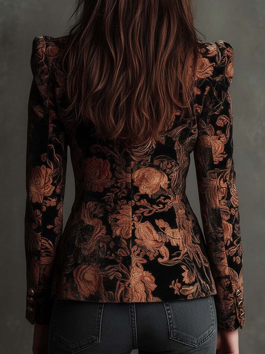 Blazer Satorial Femme avec Imprimé Floral Noir et Bronze