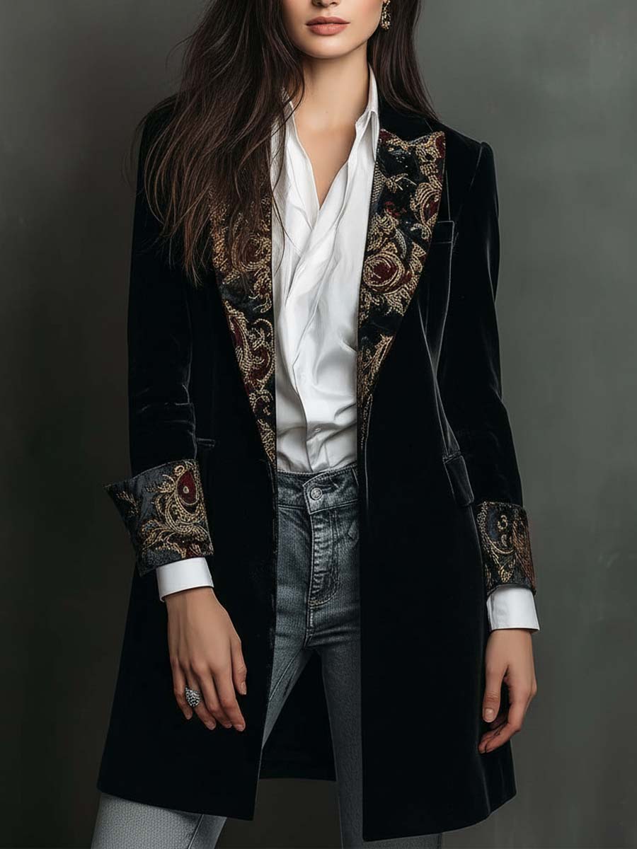 Blazer Femme Slim Fit Noir avec Revers et Imprimé Baroque