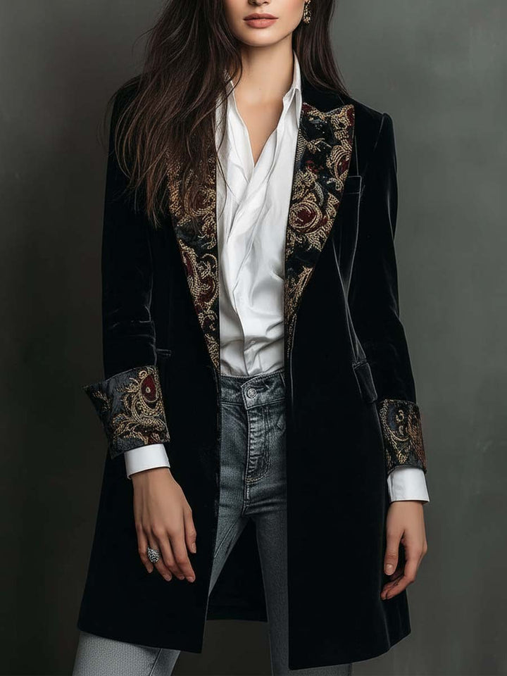 Blazer Femme Slim Fit Noir avec Revers et Imprimé Baroque
