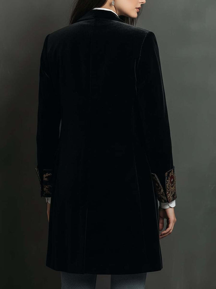Blazer Femme Slim Fit Noir avec Revers et Imprimé Baroque