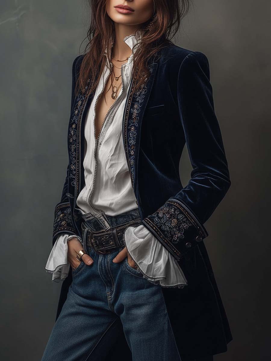 Veste Longue Femme Vintage Bleu Marine Brodée