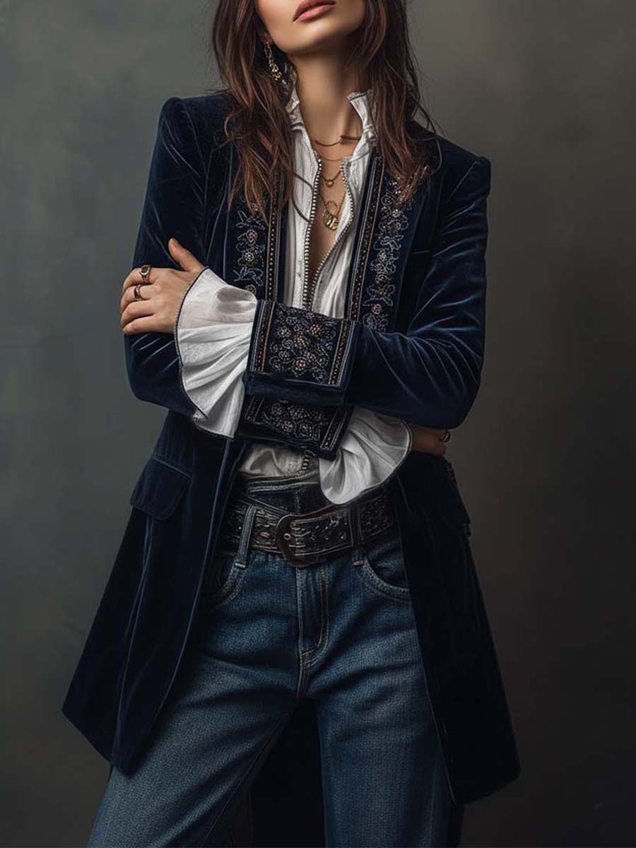 Veste Longue Femme Vintage Bleu Marine Brodée