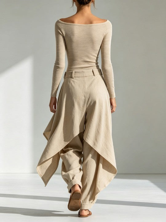 Giuliana | Ensemble de Haut Beige à Col Bateau et Pantalon à Jambe Large en Couches