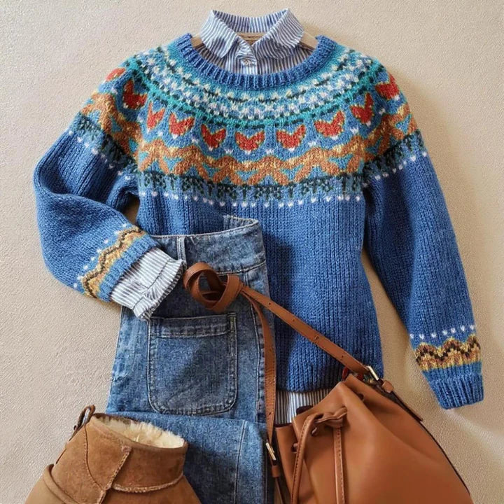Halla | Pull en tricot bleu et blanc