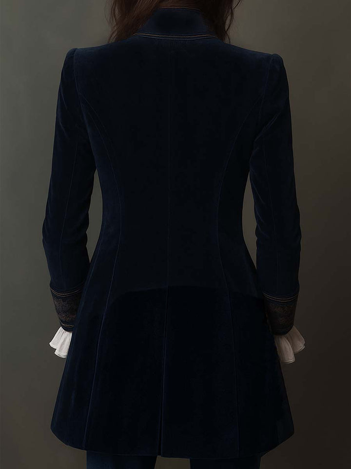 Veste Longue Femme Vintage Bleu Marine Brodée