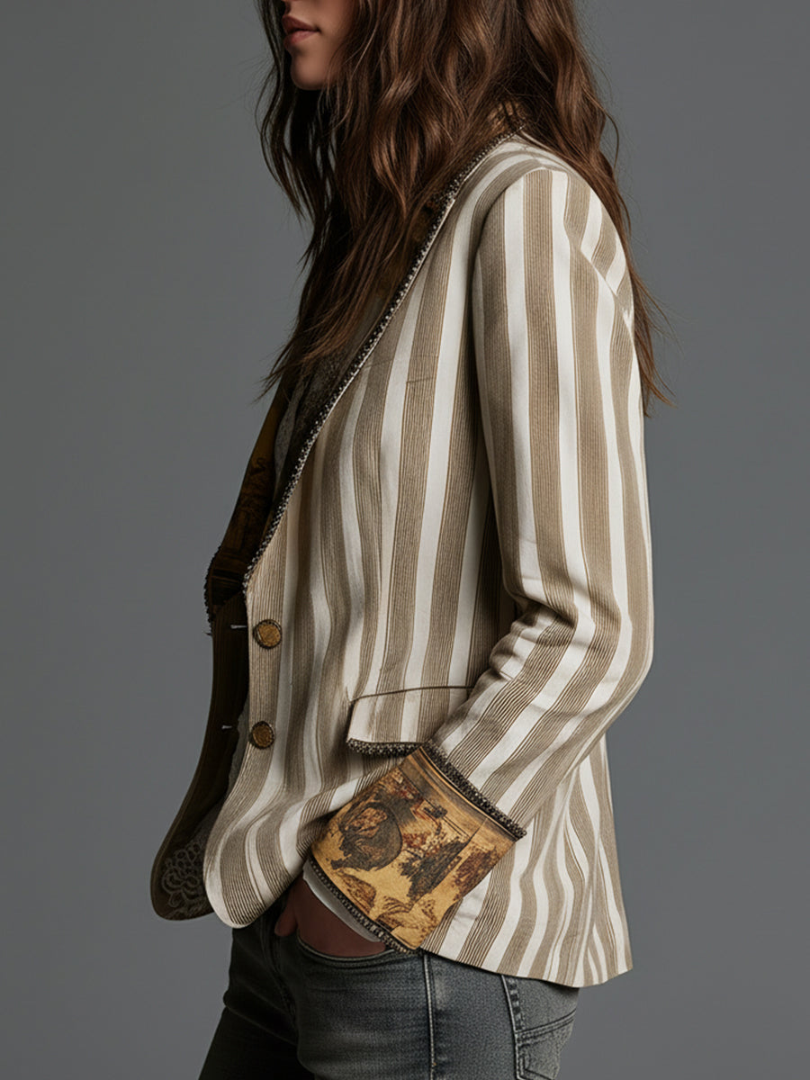 Blazer Femme avec Revers et Imprimé à Rayures Bohémien