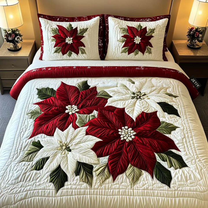 Ensemble de Literie Matelassé 3 Pièces Poinsettia d'Hiver