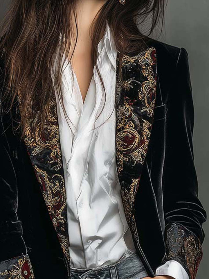 Blazer Femme Slim Fit Noir avec Revers et Imprimé Baroque