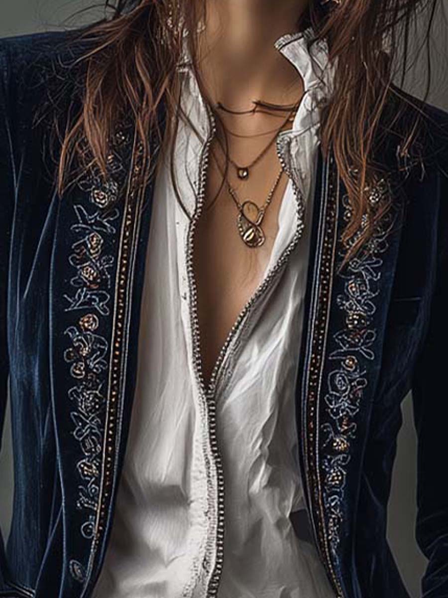 Veste Longue Femme Vintage Bleu Marine Brodée