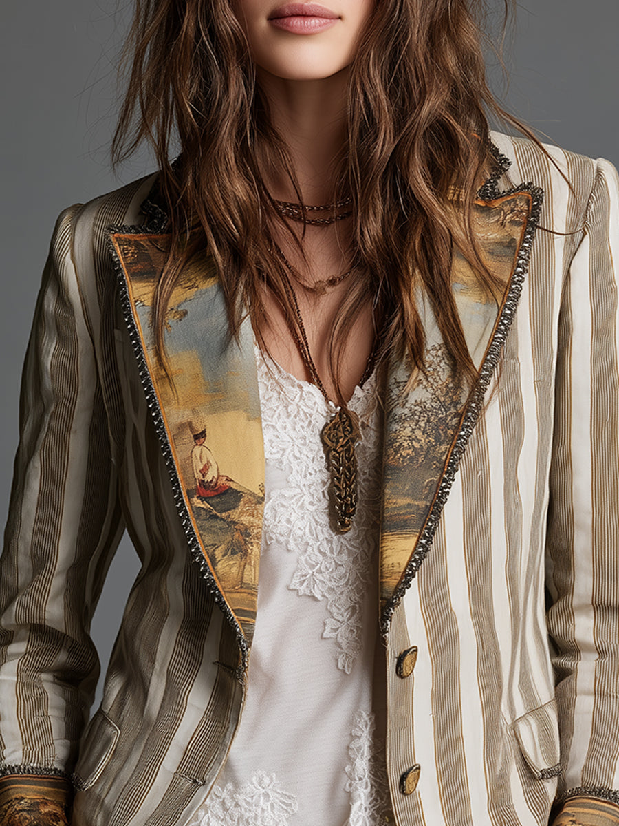 Blazer Femme avec Revers et Imprimé à Rayures Bohémien