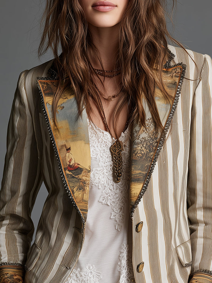 Blazer Femme avec Revers et Imprimé à Rayures Bohémien