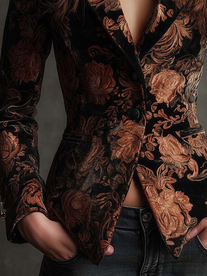 Blazer Satorial Femme avec Imprimé Floral Noir et Bronze