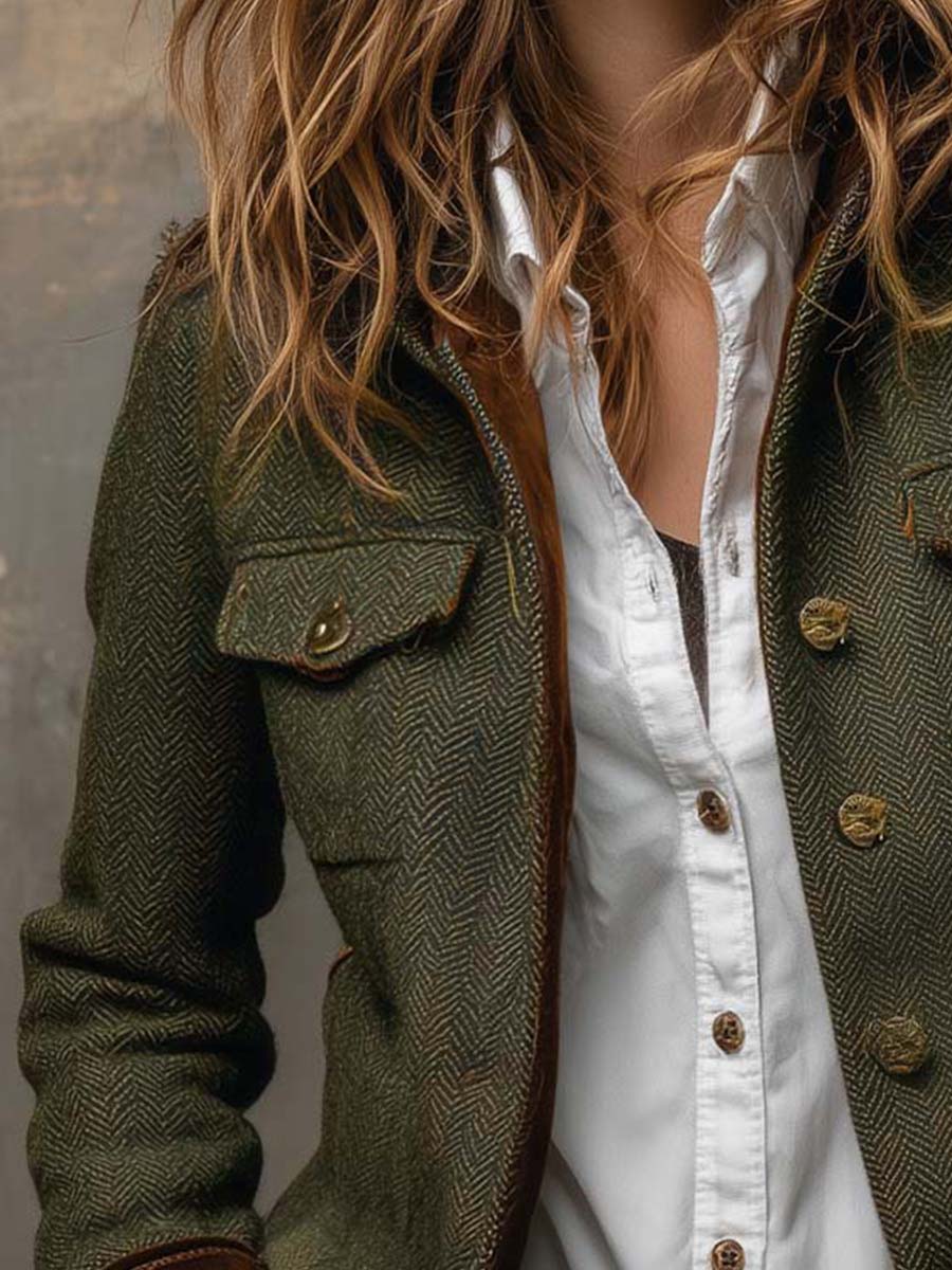 Blazer Vintage Femme en Herringbone avec Bords Contrastés