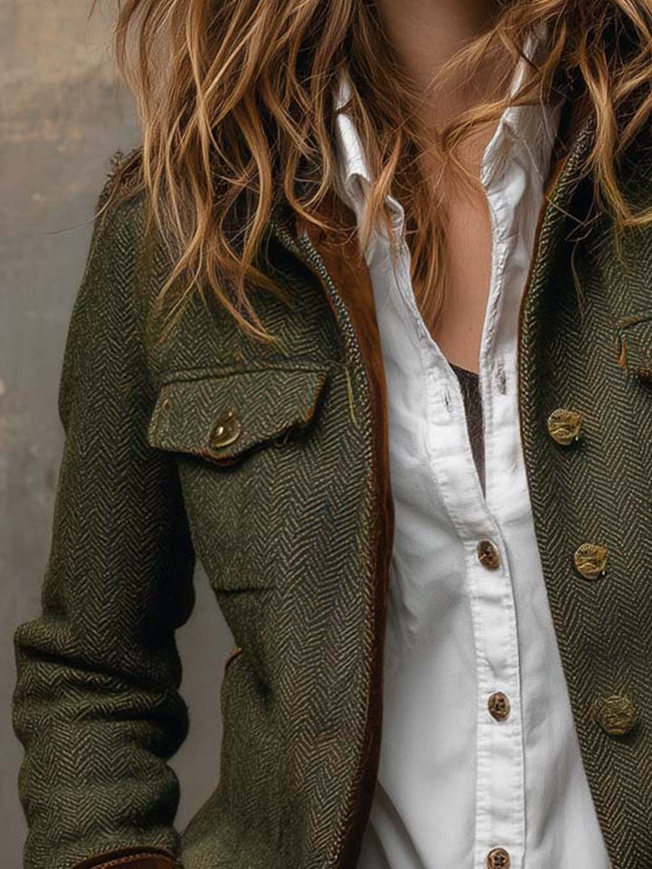 Blazer Vintage Femme en Herringbone avec Bords Contrastés