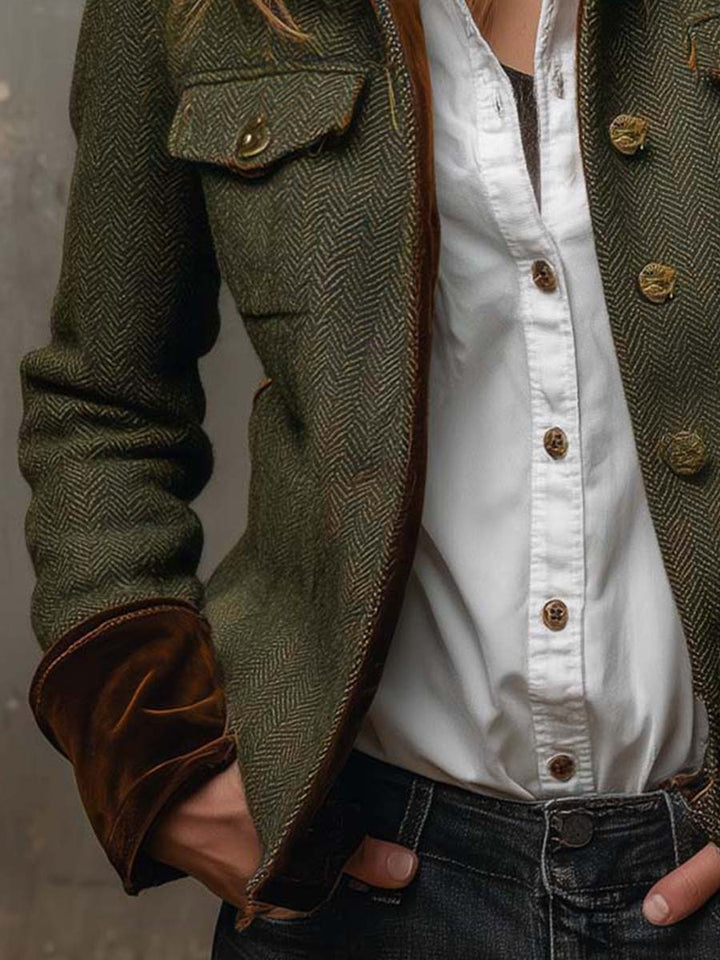 Blazer Vintage Femme en Herringbone avec Bords Contrastés