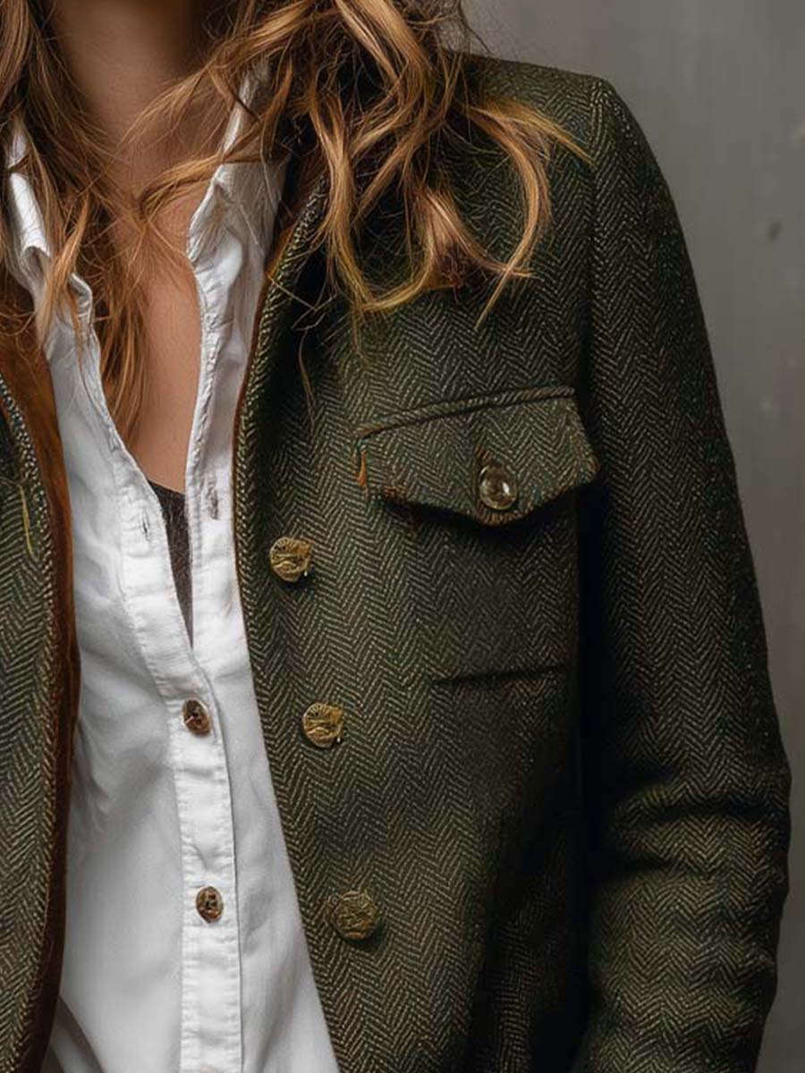 Blazer Vintage Femme en Herringbone avec Bords Contrastés