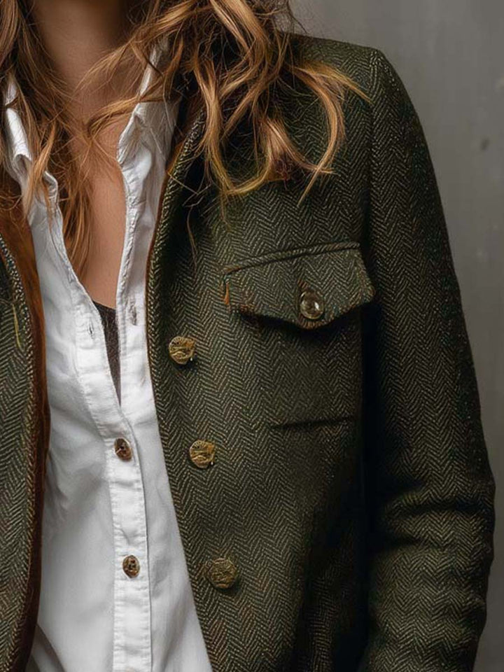 Blazer Vintage Femme en Herringbone avec Bords Contrastés