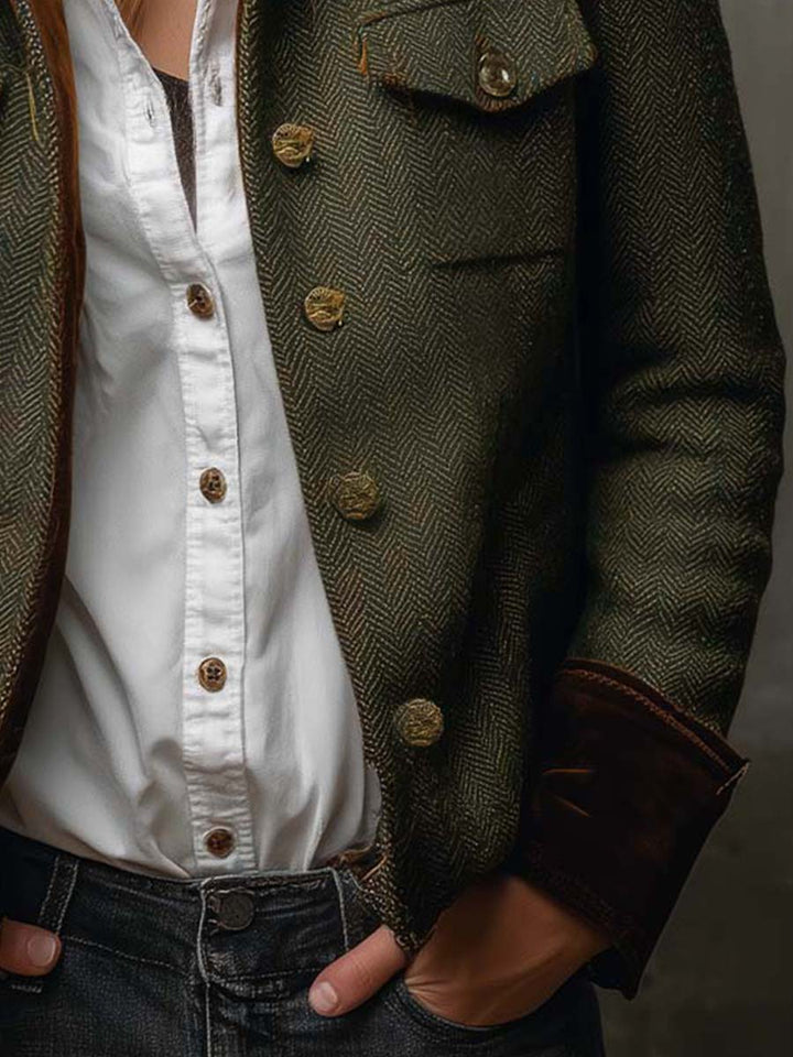Blazer Vintage Femme en Herringbone avec Bords Contrastés