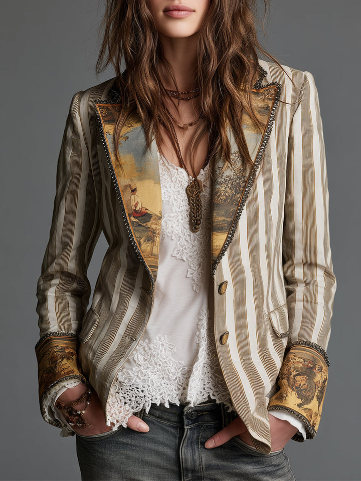 Blazer Femme avec Revers et Imprimé à Rayures Bohémien