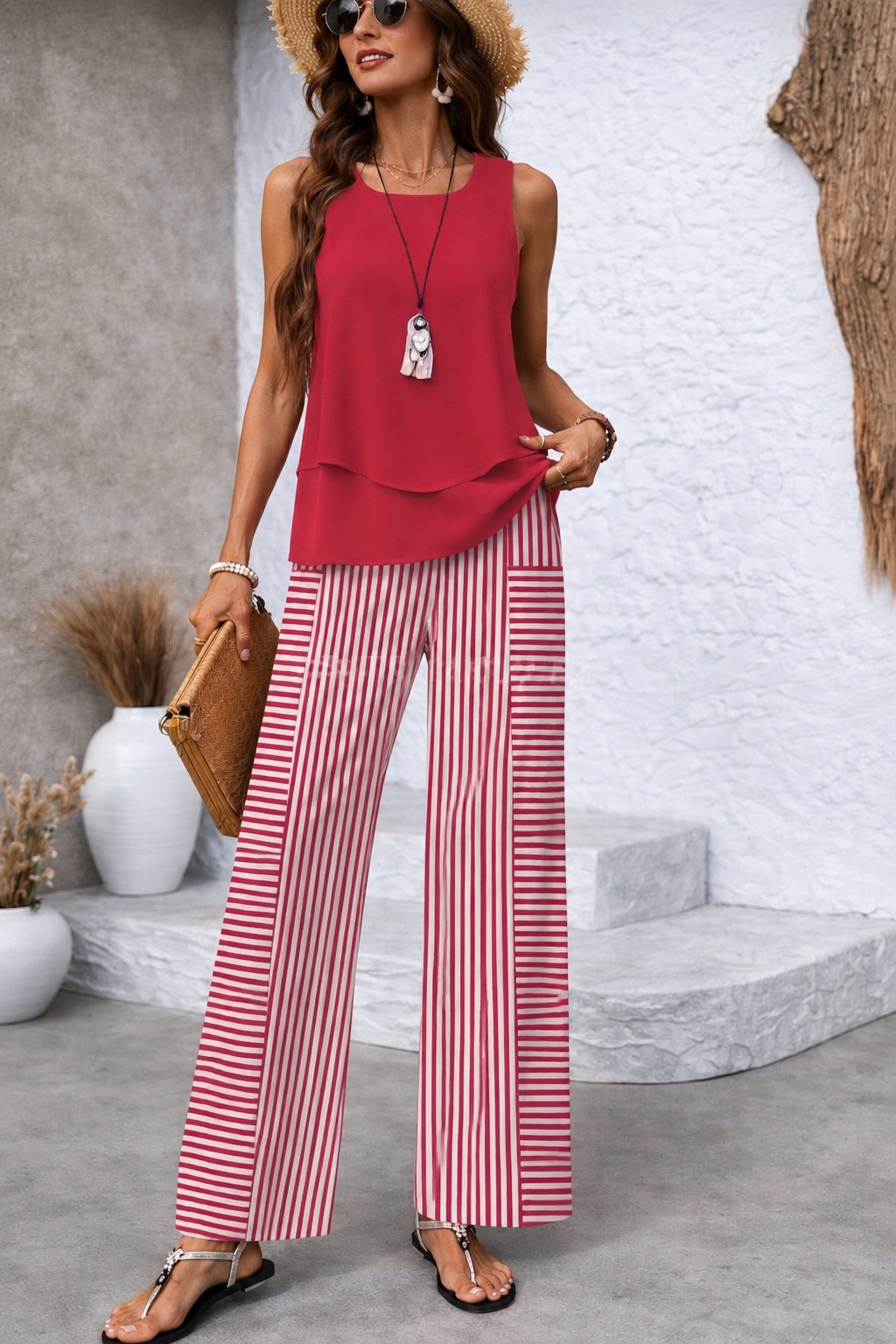 Ramona™ | Top uni rose et pantalon rayé
