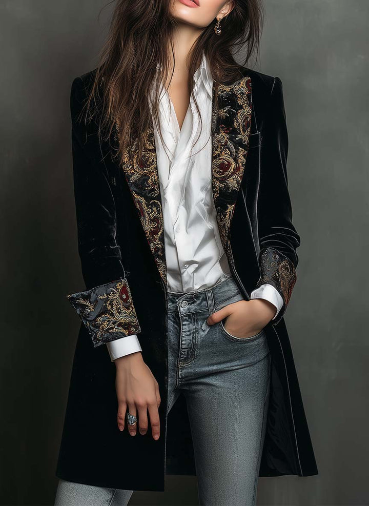 Blazer Femme Slim Fit Noir avec Revers et Imprimé Baroque