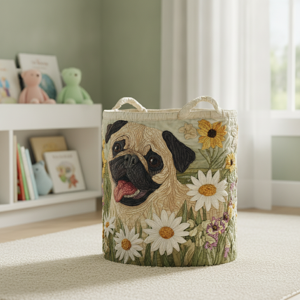Panier à Linge avec Pugs dans des Marguerites