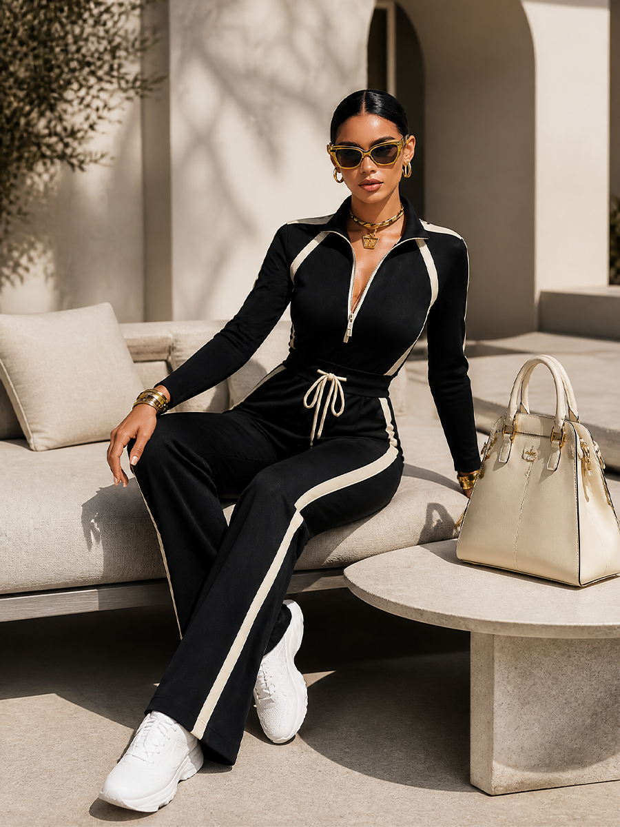 Monica | Ensemble de Survêtement avec Rayures Contrastées Noires, Haut à Fermeture Éclair et Pantalon à Jambes Amples avec Cordon