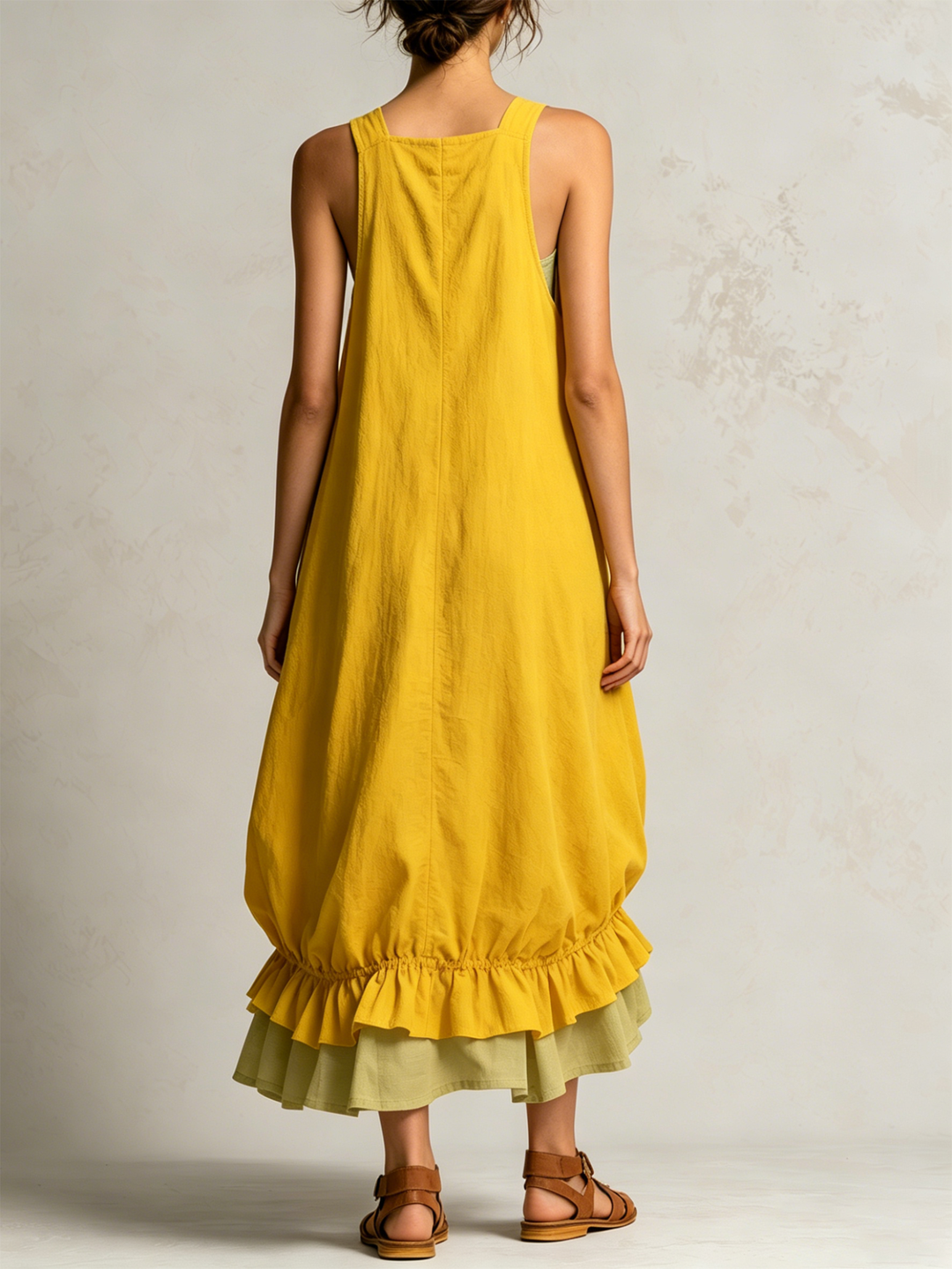 Daniela | Robe Midi Bouffante Sans Manches avec Grandes Poches, Couches et Bas Volantés