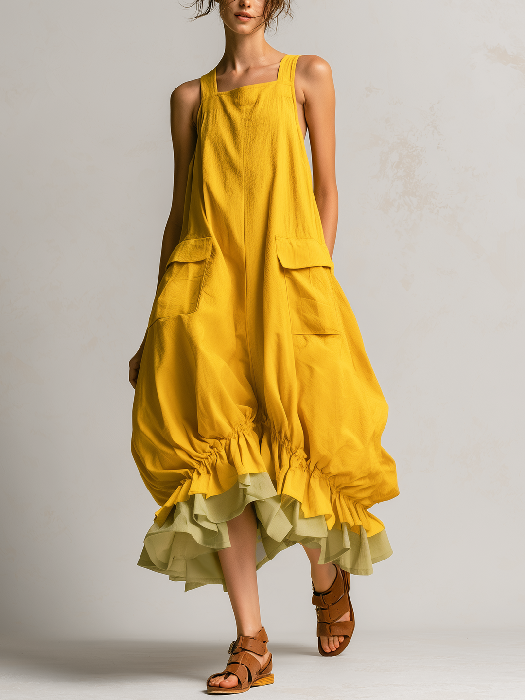 Daniela | Robe Midi Bouffante Sans Manches avec Grandes Poches, Couches et Bas Volantés