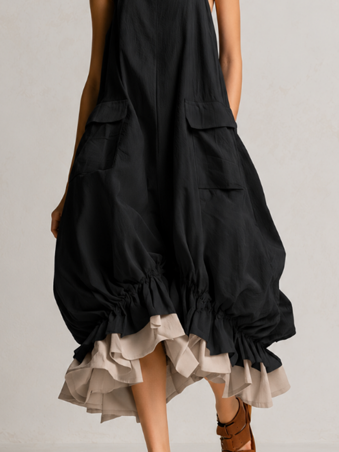 Daniela | Robe Midi Bouffante Sans Manches avec Grandes Poches, Couches et Bas Volantés