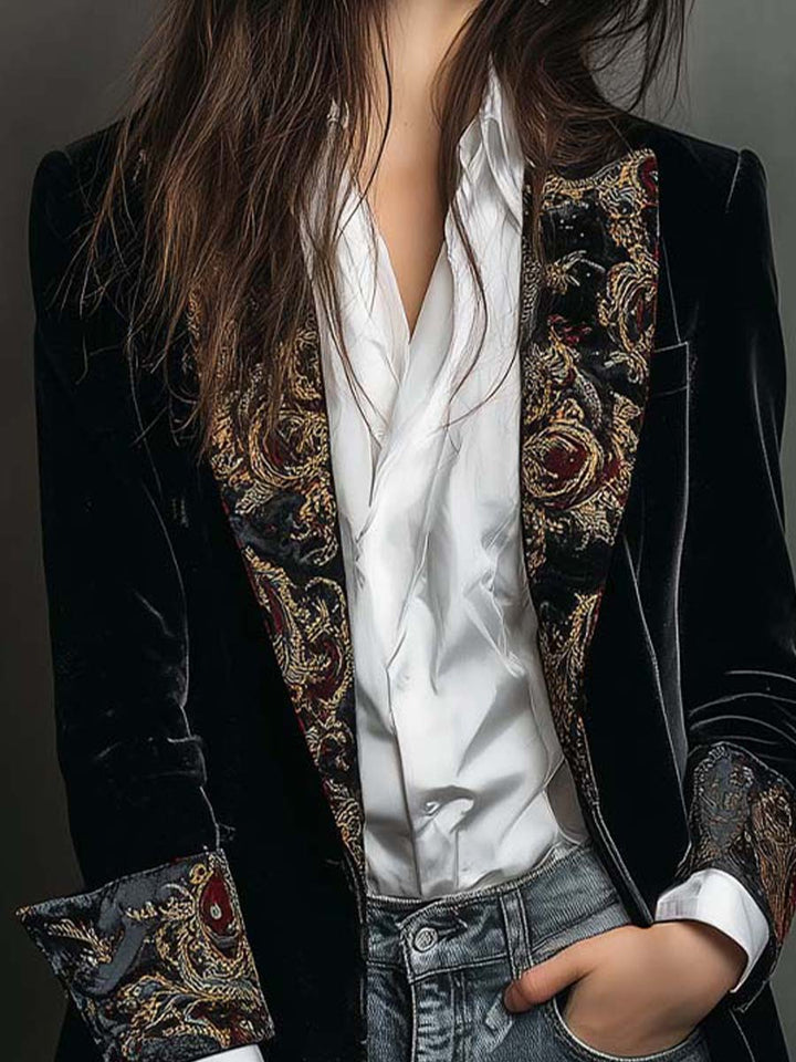 Blazer Femme Slim Fit Noir avec Revers et Imprimé Baroque