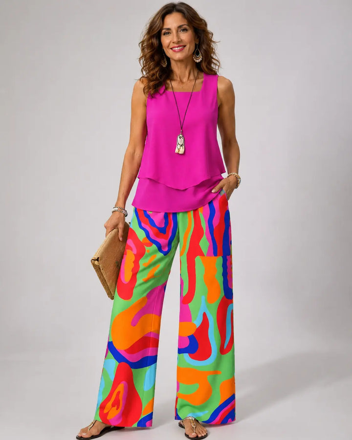 Clotilde™ | Top Rose et Pantalon Abstrait