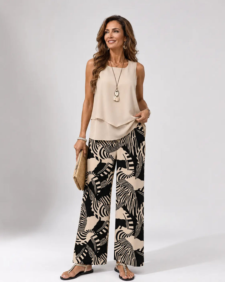 Ignacia™ | Ensemble de Top Beige sans Manches et Pantalon Imprimé Végétal