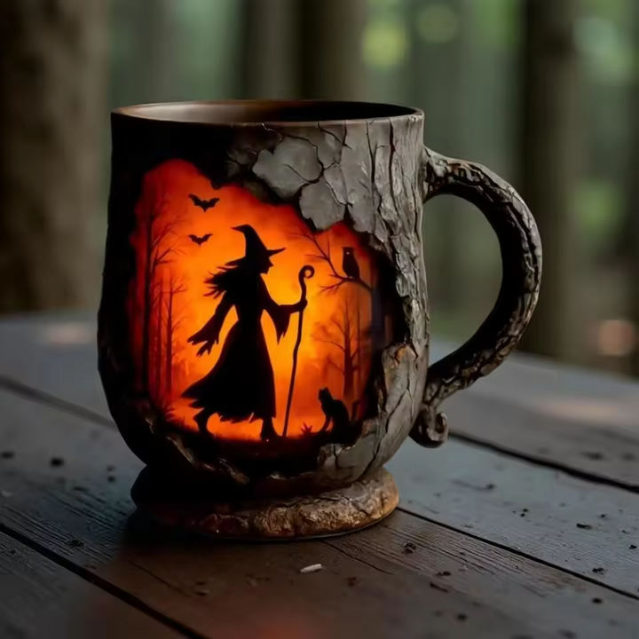 Mug Halloween Embossé Fait Main – Design Sorcière et Chat