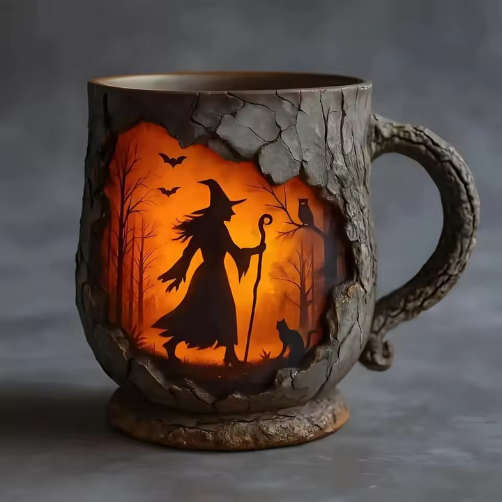 Mug Halloween Embossé Fait Main – Design Sorcière et Chat
