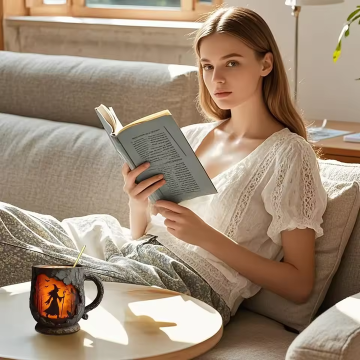 Mug Halloween Embossé Fait Main – Design Sorcière et Chat