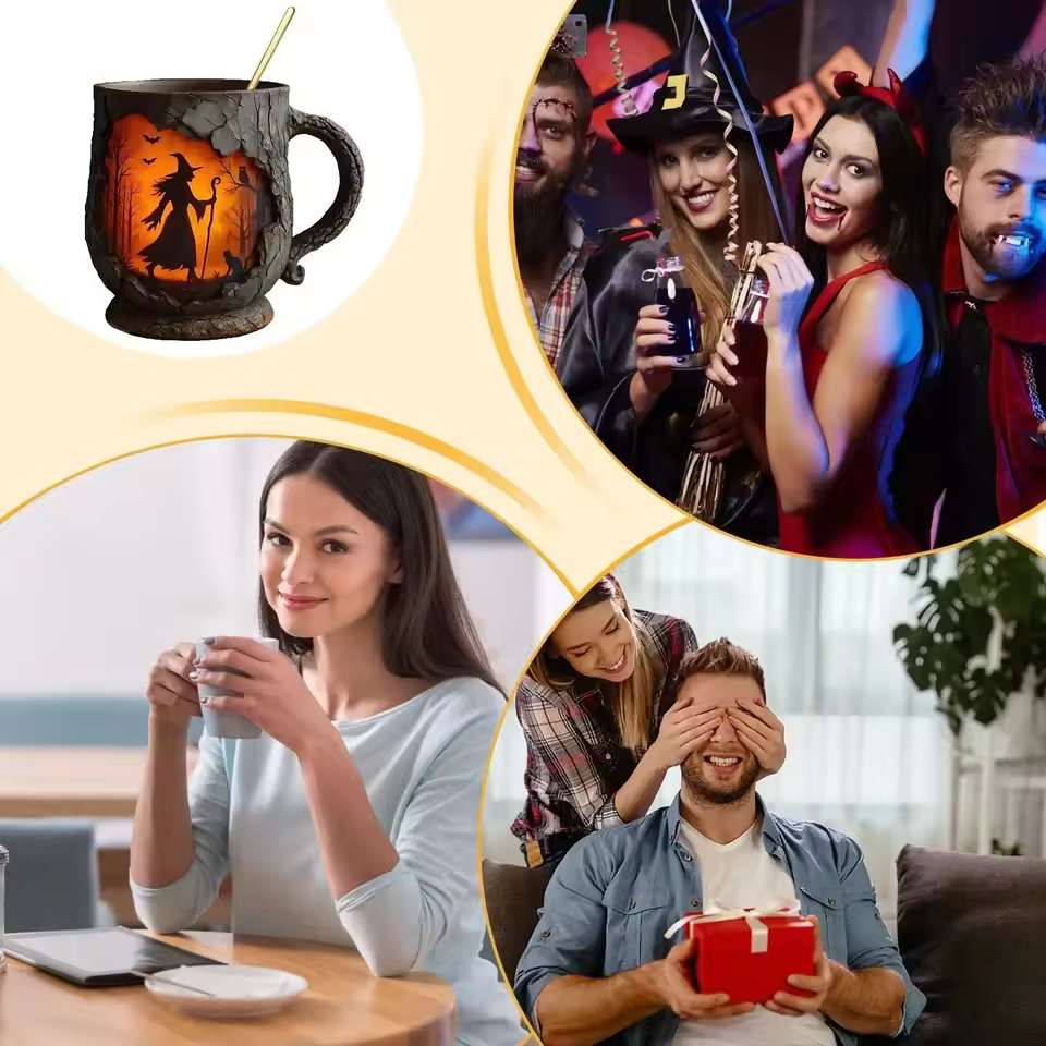 Mug Halloween Embossé Fait Main – Design Sorcière et Chat