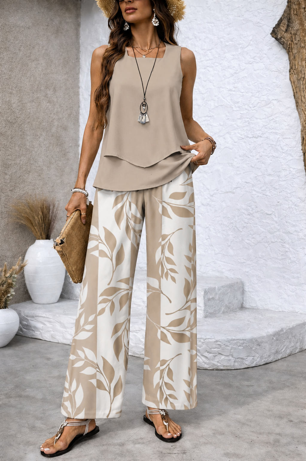Ernestina™ | Chemise Beige Naturel et Pantalon Botanique