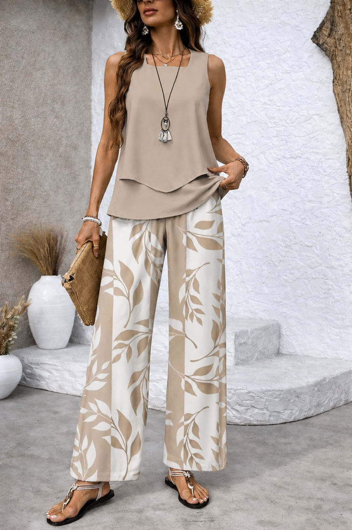 Ernestina™ | Chemise Beige Naturel et Pantalon Botanique