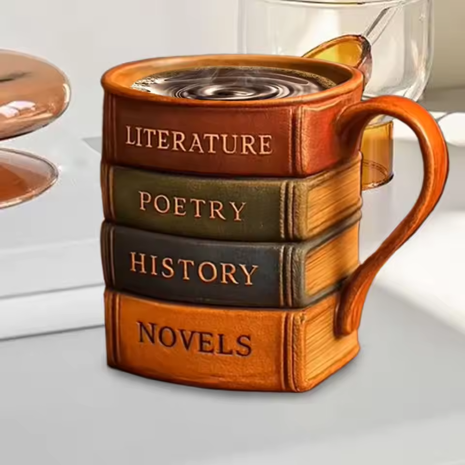 Mug en céramique 3D fait main – Thème Bibliothèque, Havre de Lecteurs