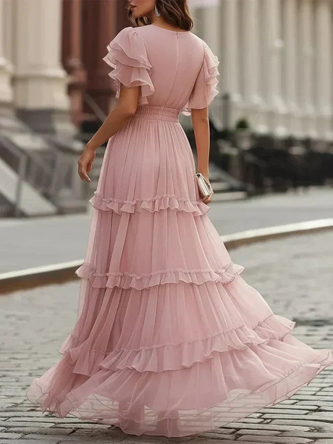 Rosalía | Robe Maxi Rose Poudré avec Décolleté en V, Volants Échelonnés et Manches Papillon