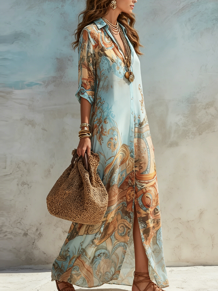 Valeria | Robe Maxi avec Imprimé Floral Bleu pour les Vacances