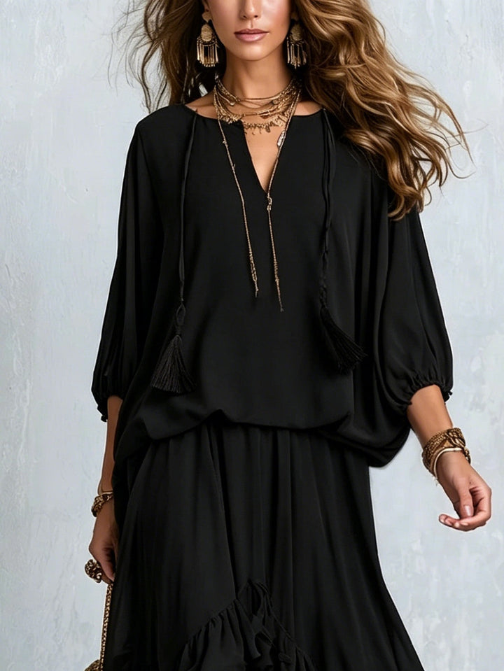 Elvira | Ensemble de Top en Gaze Noir avec Décolleté en V et Franges Combiné avec Jupe à Volants en Couches