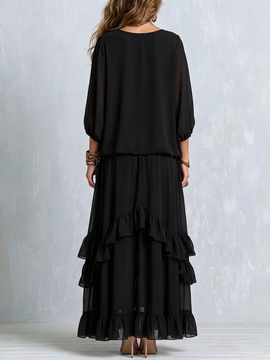 Elvira | Ensemble de Top en Gaze Noir avec Décolleté en V et Franges Combiné avec Jupe à Volants en Couches